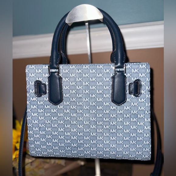 Michael Kors Hamilton Small Logo Embossed Washed Denim Satchel - Picture 5 of 10